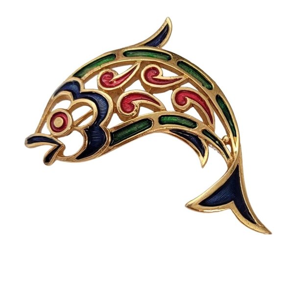 Trifari L’ Orient Red Blue Green Enamel Fish Brooch E798